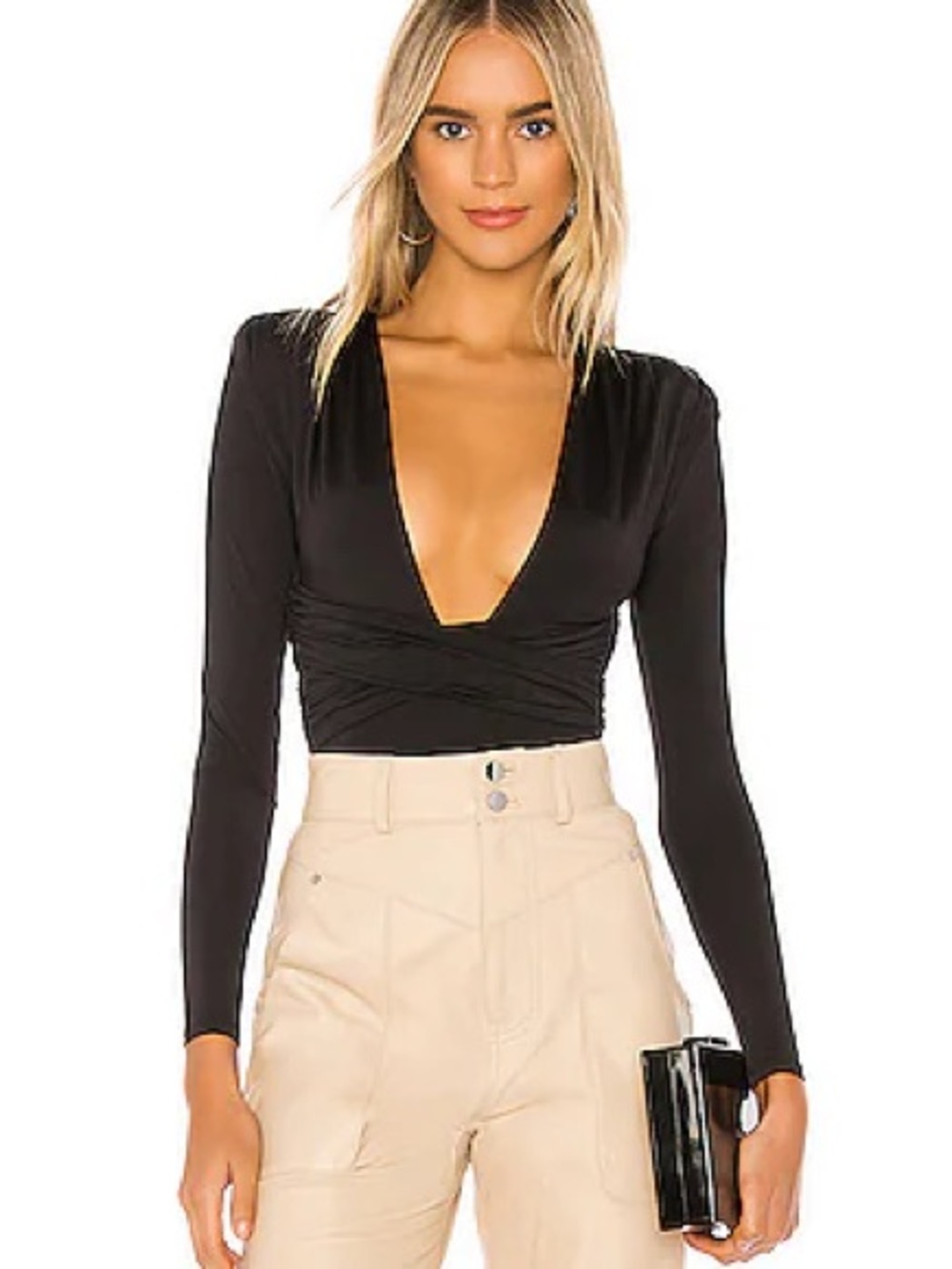Lovers + Friends Black Long-Sleeve Deep V Wrap Top